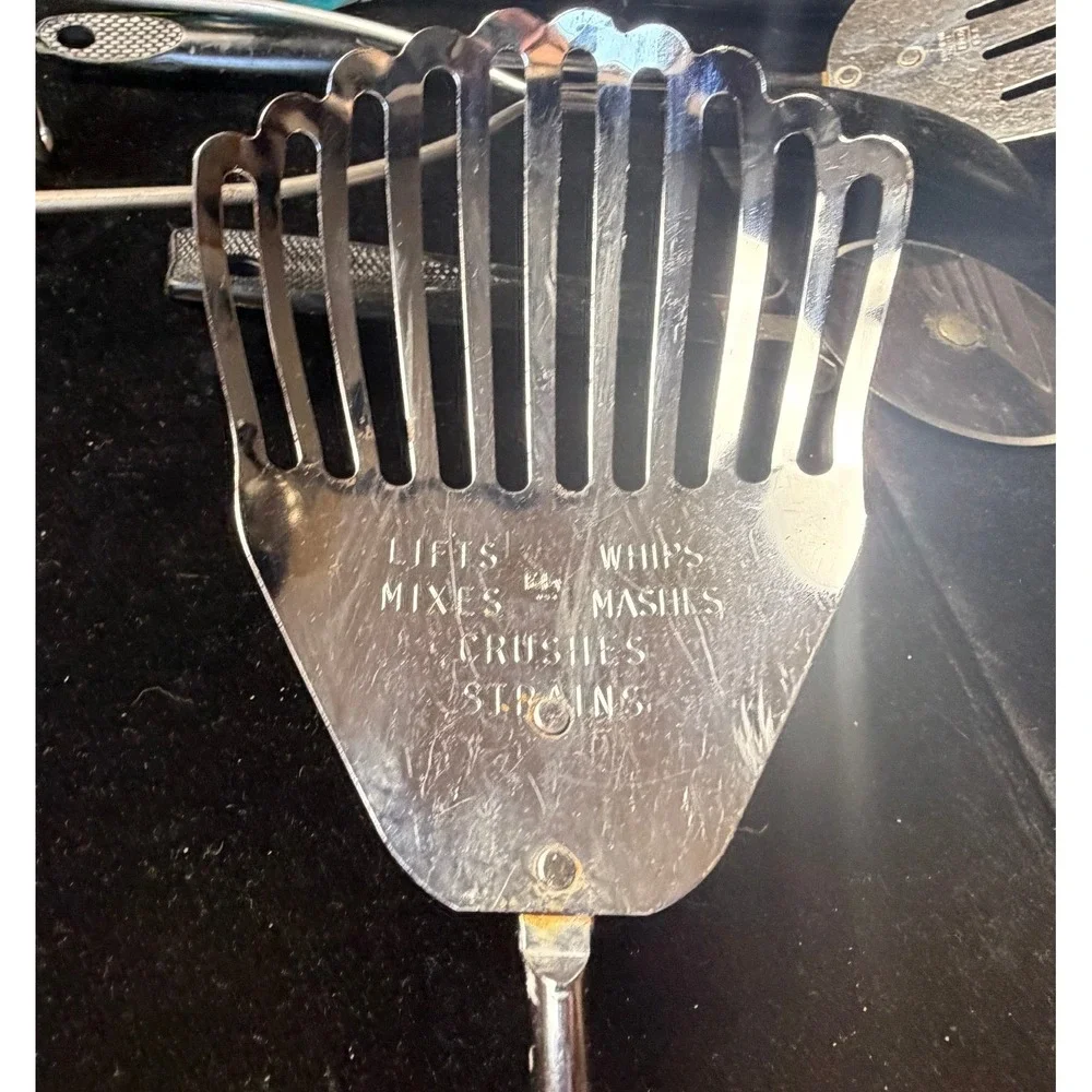 Vintage Ekco USA Kitchen Utensil Set 6pc Chromium Plated Black Handle MCM